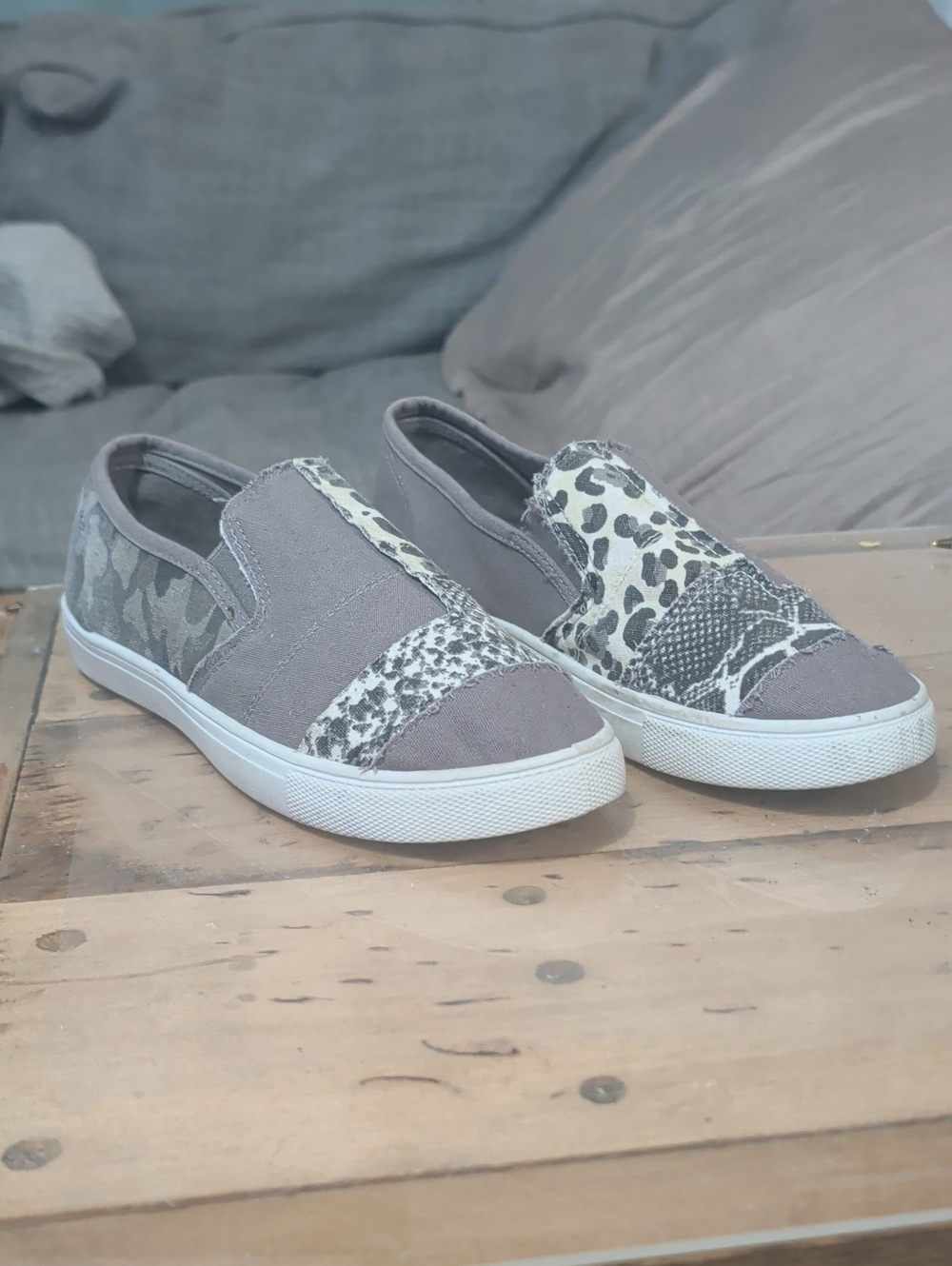 Cato Gray Canvas Slip-On Mules with Mixed Animal Print Panels Women's 9